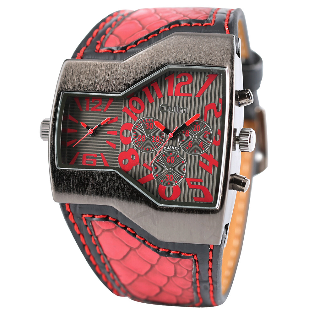 OULM Steampunk Style Two Time Zone Mens Watches PU Leather Quartz Wristwatch