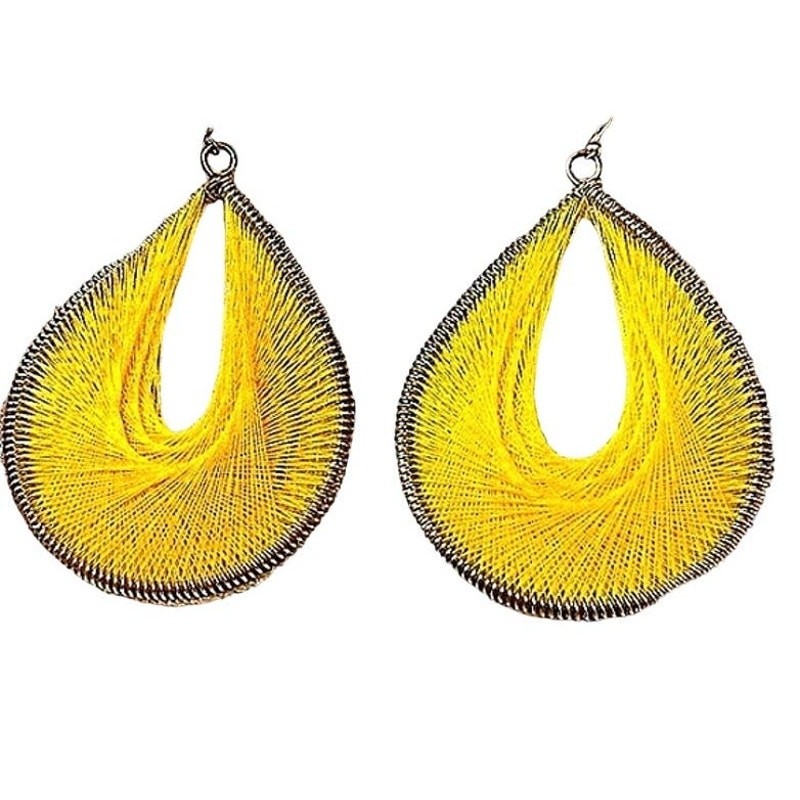 Y2K Large String Art Weaved Earrings Yellow Retro Tear Drop Copper Wired Summer