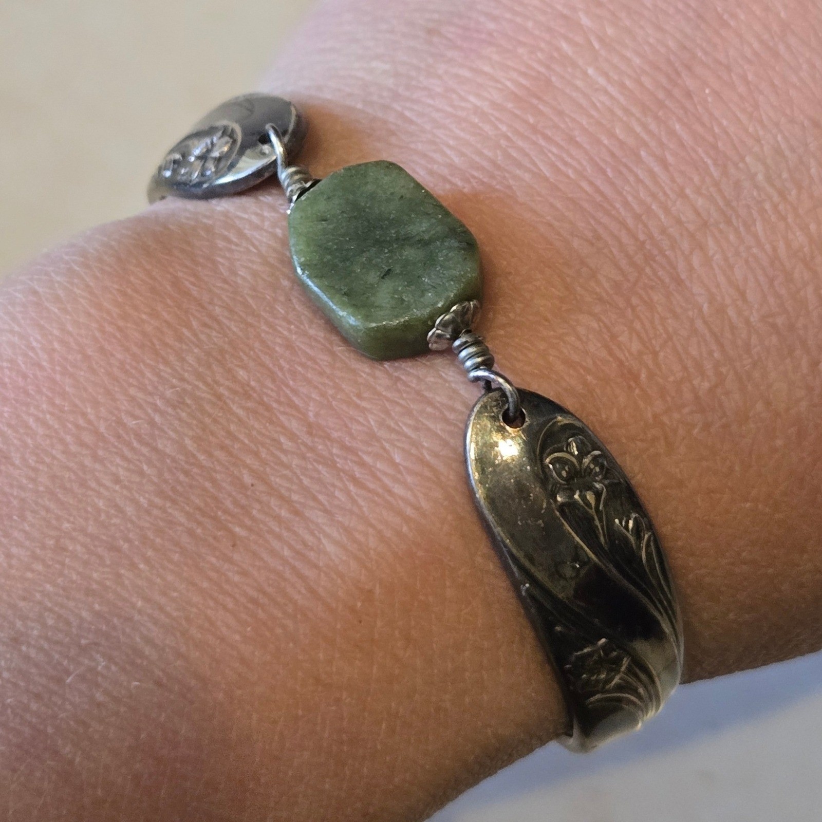 Vintage International Silver Floral Spoon Bracelet Jade Stone Magnetic Clasp