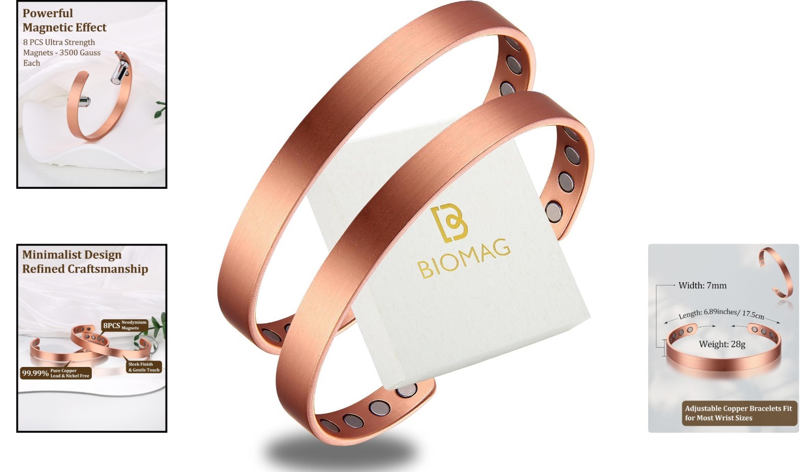 2Pcs Adjustable 99.99% Pure Copper Magnetic Bracelet Set for Women – Gift Ready