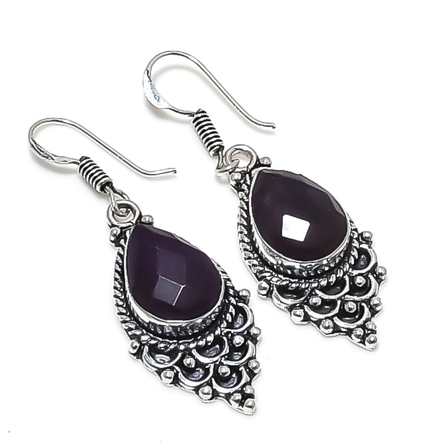 Black Spinel Gemstone Handmade 925 Sterling Silver Jewelry Earring Size 1.7″