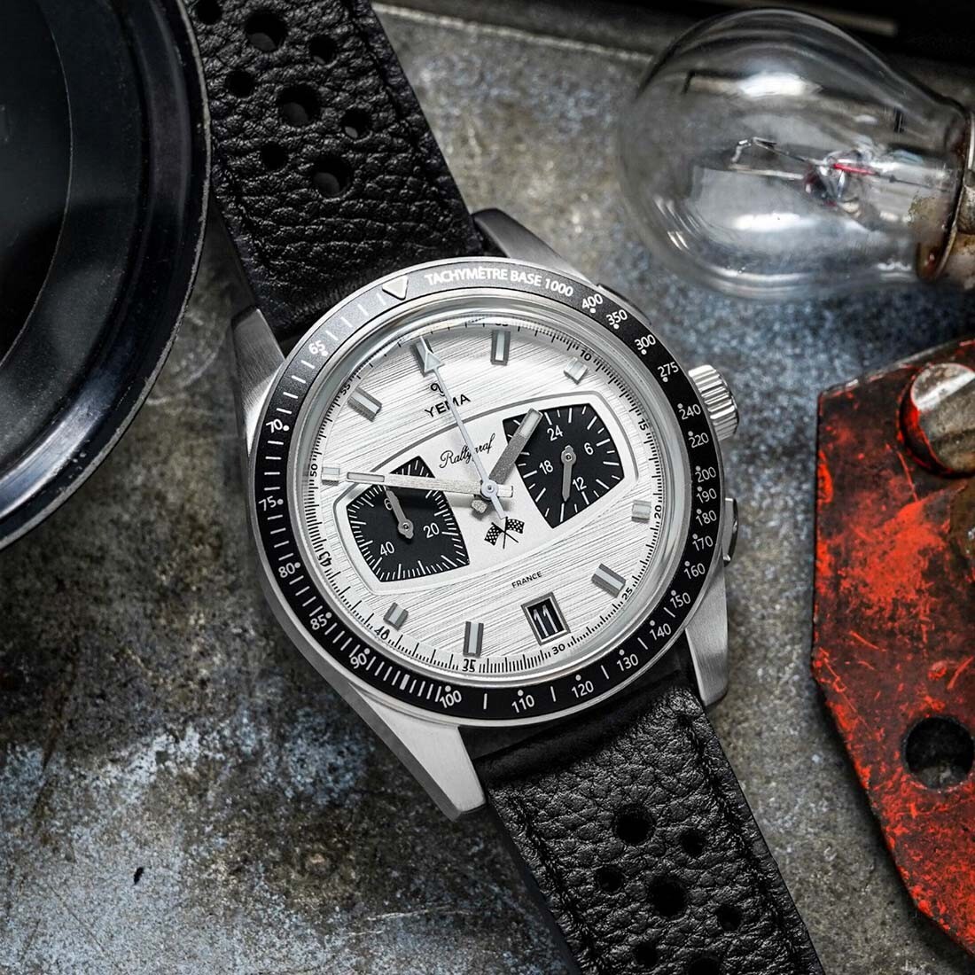 YEMA Rallygraf Panda Steel Hybrid Mechanical Quartz White Leather Men’s Watch