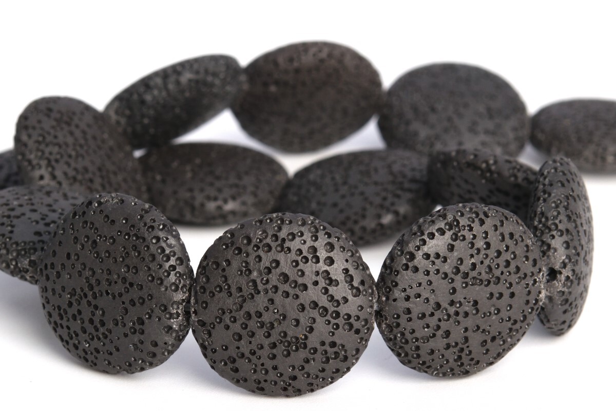 21x7MM Black Volcanic Lava Flat Round Button Grade AAA Natural Loose Beads
