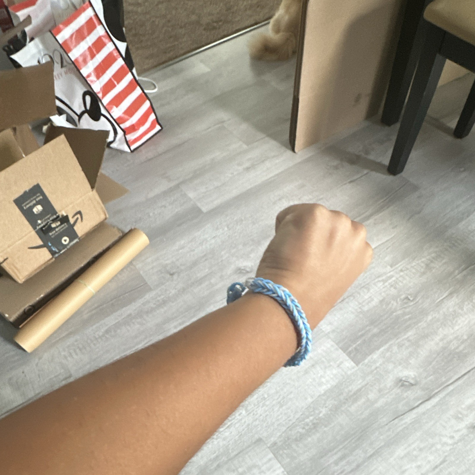 Blue & White Braided Rubber Bracelet with Hook Closure No Stone