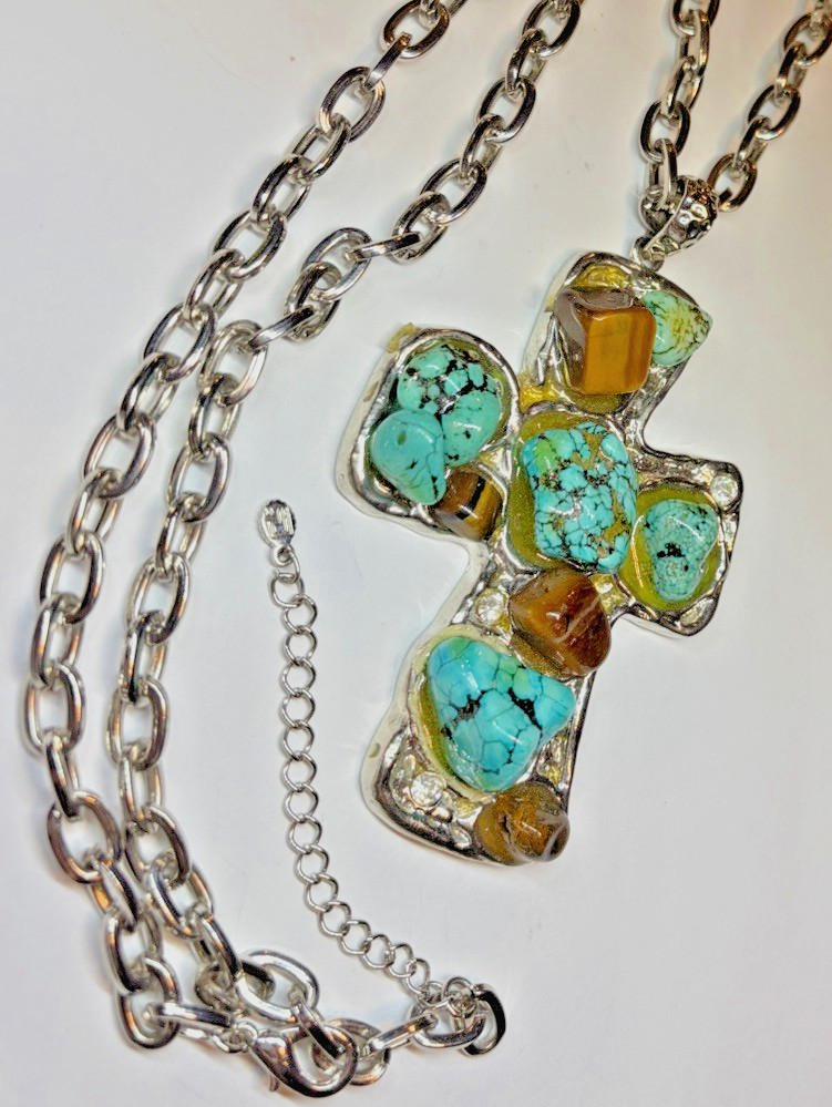 Cross Turquoise & Cat Eye Necklace 32” Silver Tone Chain Made In Asia Trademark