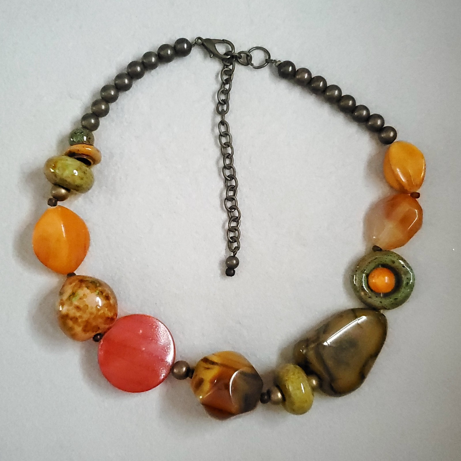 Beaded Necklace Green Brown Orange Autumn Ceramic Acrylic Artsy Boho 16-20″