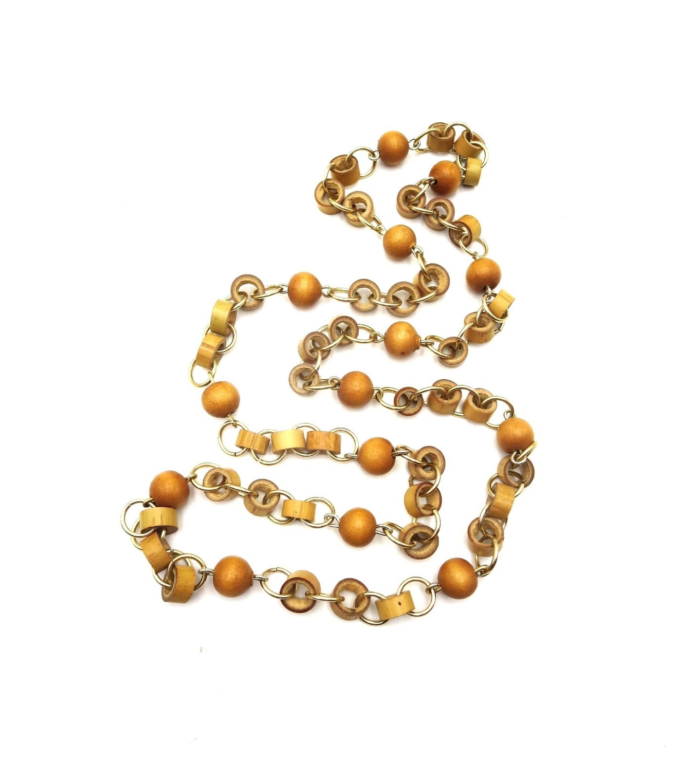 VTG Natural Boho Beige Bamboo & Wood Gold Tone 40″ Beaded Necklace Single Strand