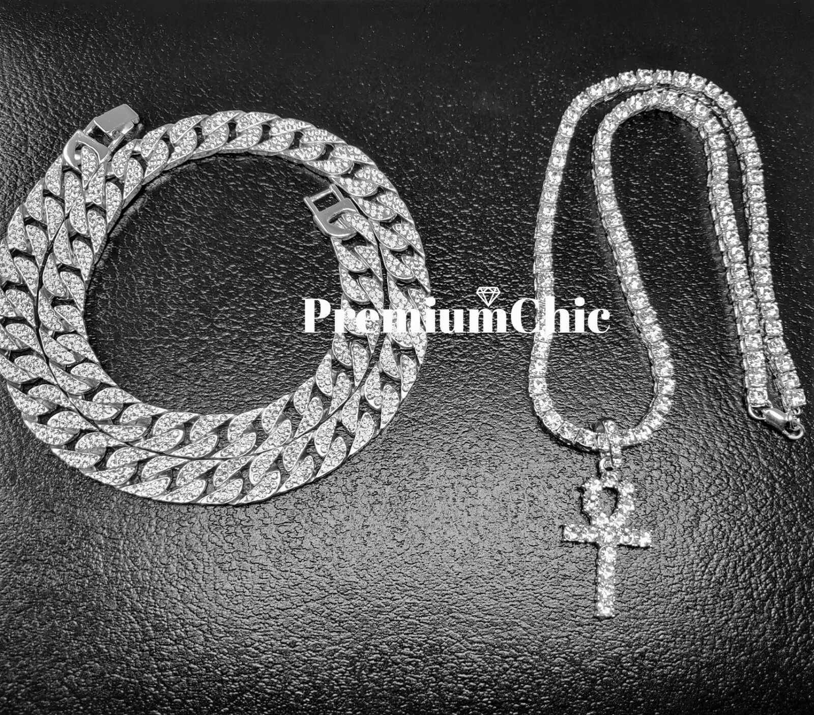 Mens Hip Hop ANKH Pendant + Tennis Chain + Miami Cuban Choker Plated CZ Jewelry
