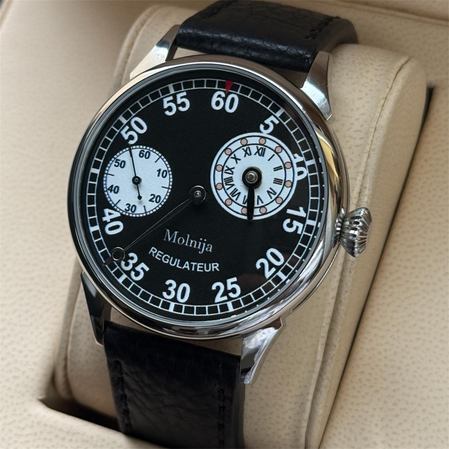 Molniya Watch Regulator Mechanical Wrist Russian Military Black Men 3602 Rare