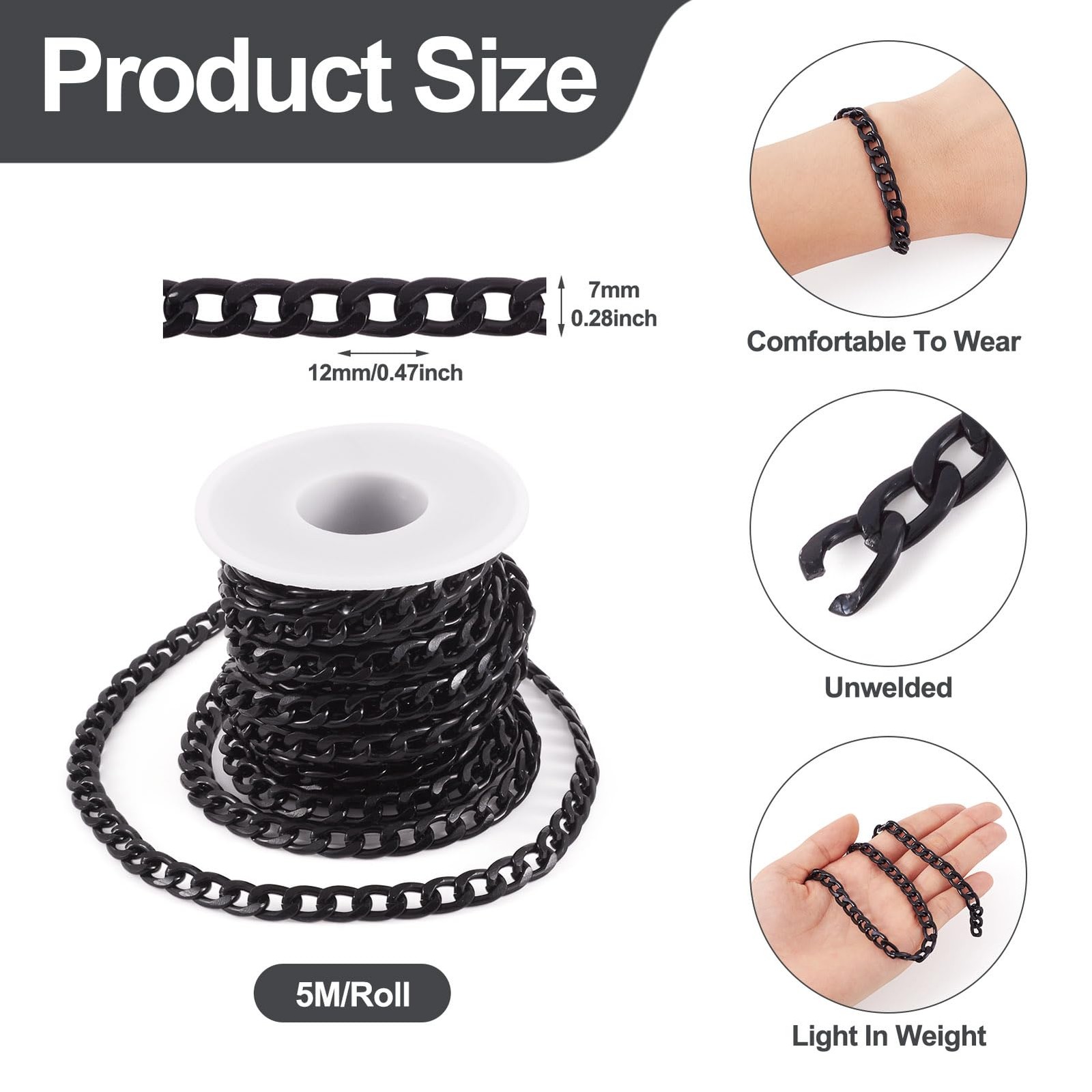 Beadthoven 1 Roll 16.4 Feet Aluminium Curb Chains 12x7x2mm Black Twisted Links C