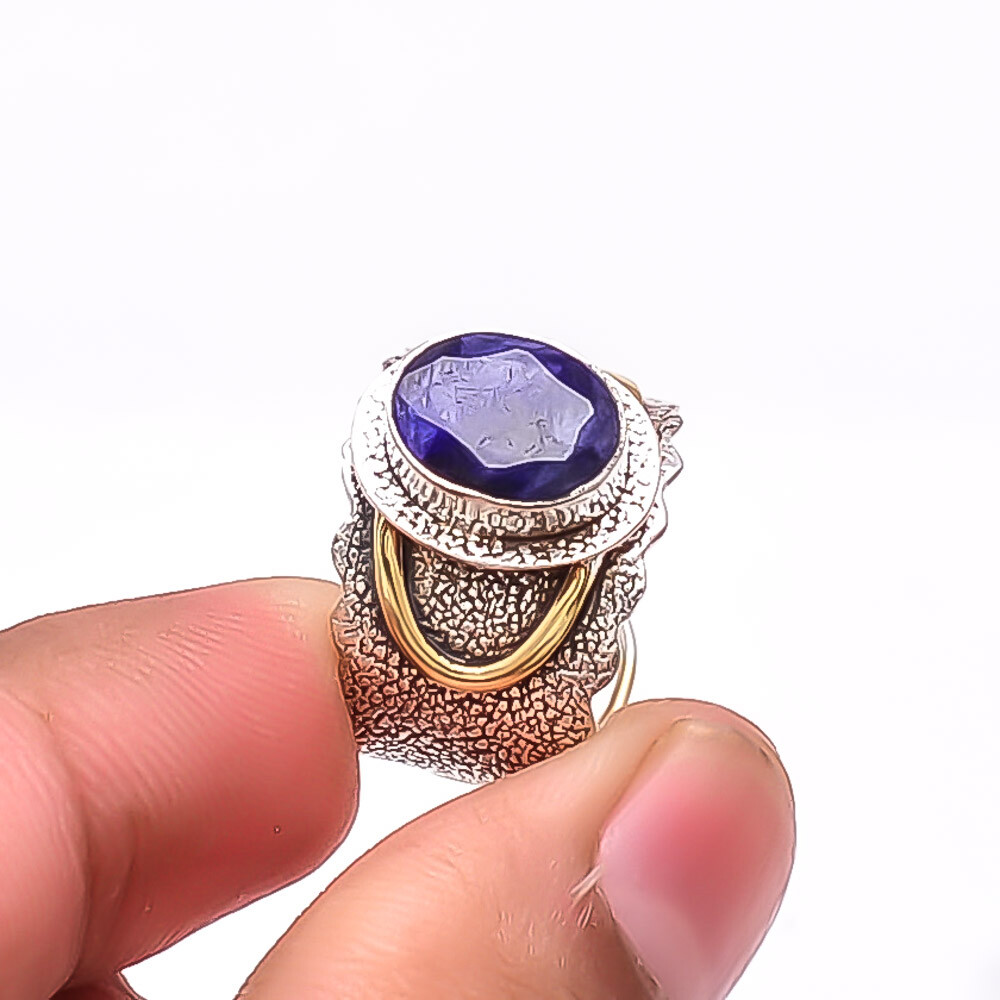 Blue Sapphire – Dyed Quartz Oxidised 925 Sterling Silver Ring S.7 R60