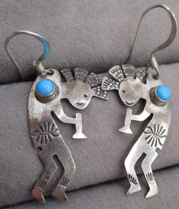 Sterling Silver Turquoise Indian Kokopelli Dancers Earrings 1.25″ Signed JJJ