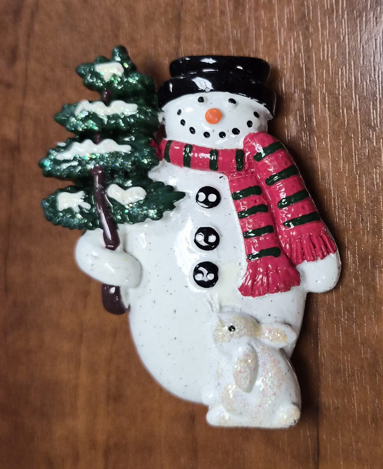 Estate Decorative Christmas Holiday Snowman Holding a Tree & Bunny Pin / Brooch