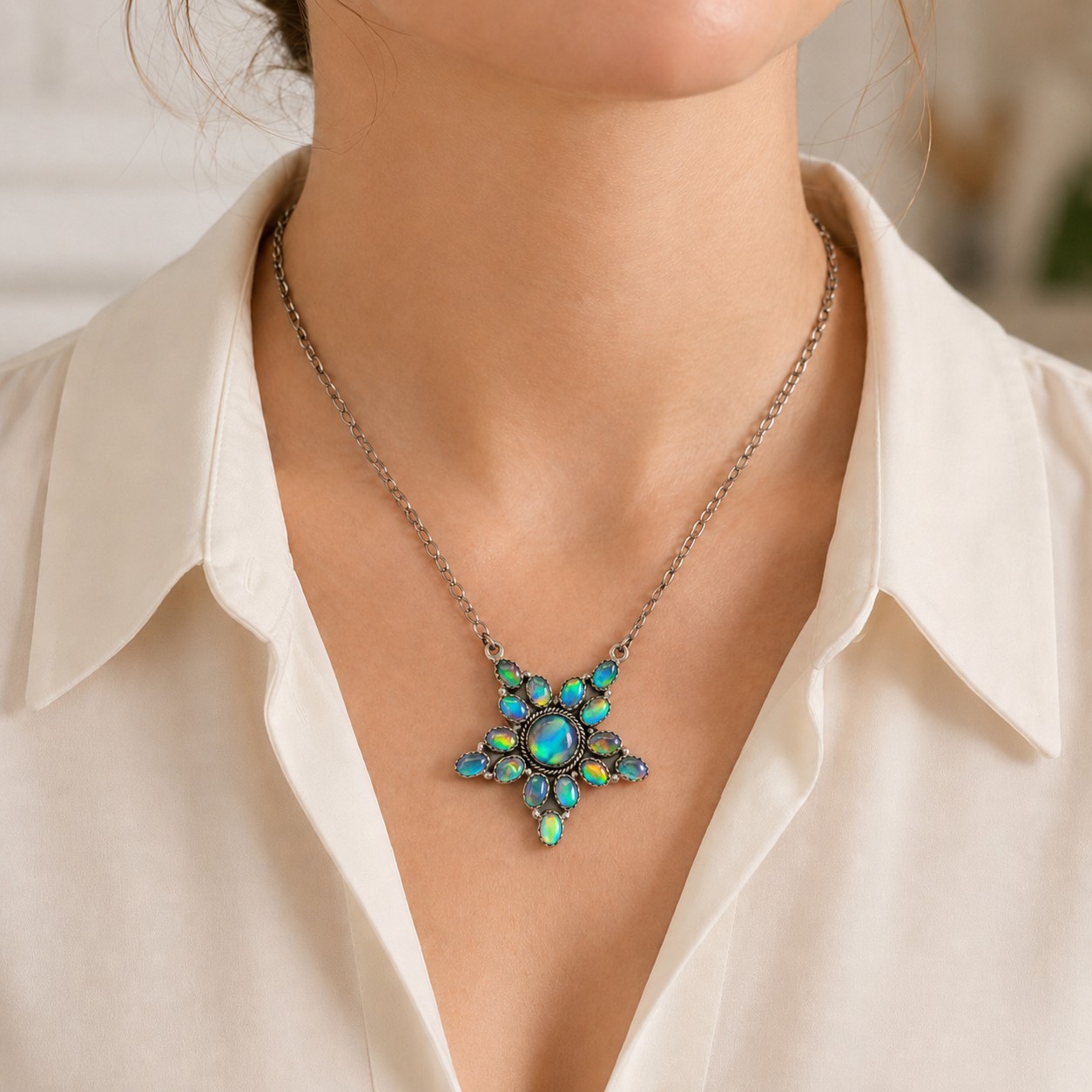 Aurora Opal Starburst Cluster Necklace 18-20″ Sterling Silver Southwestern