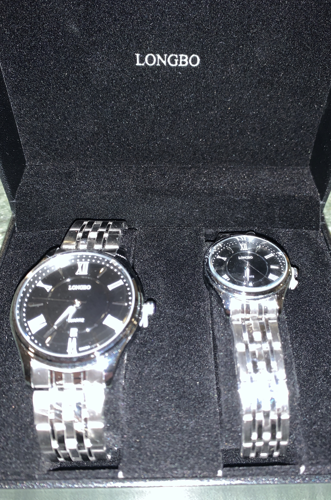 Longbo Stainless Steel His & Hers Watch Set NEW Never Worn Black Face Watches