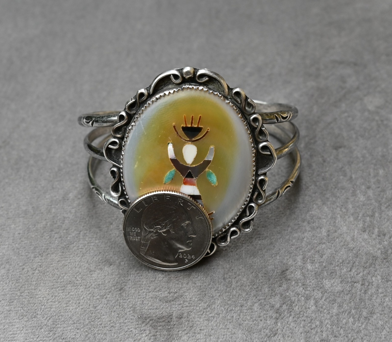 Tewa Pueblo Ga’an Dancer by Feline Naranjo Sterling & Gemstone 37 grm 6 3/4″ fit