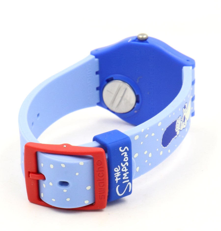 New Swiss Swatch The Simpsons TIDINGS OF JOY Blue Silicone Watch 34mm SO28Z126