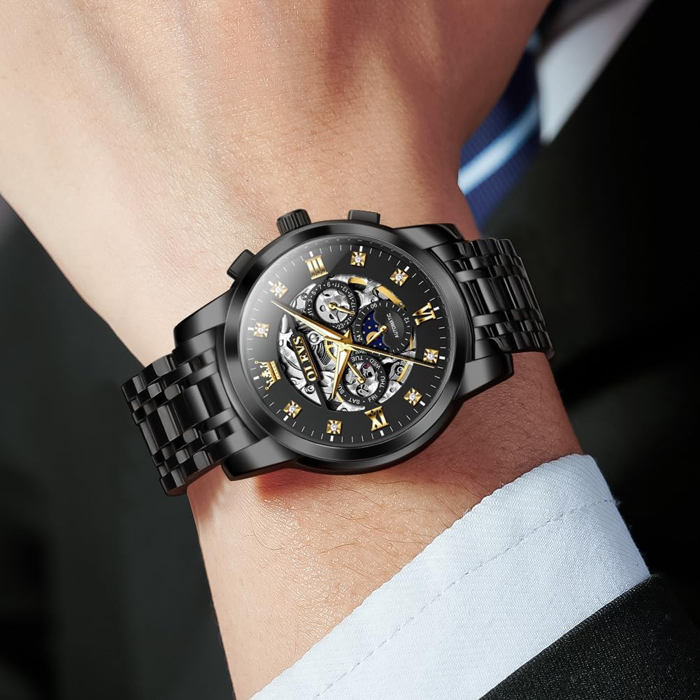 Luxury Men’s Skeleton Watch with Diamonds, Moon Phase & Waterproof Design