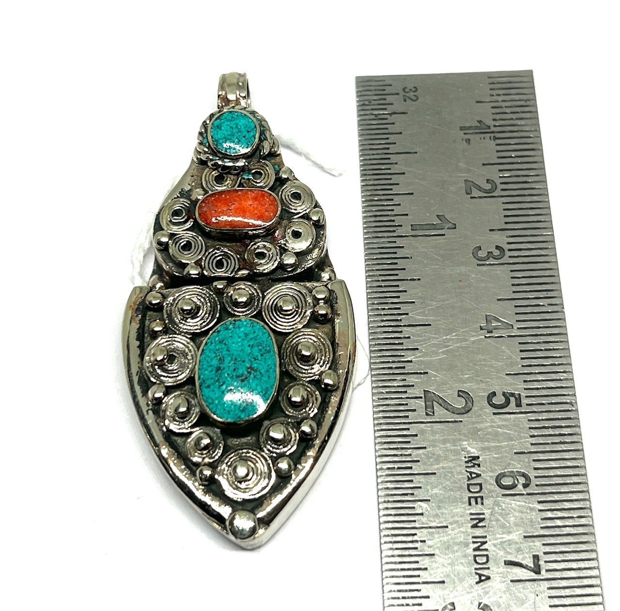 Ethnic Turquoise Coral Gemstone Tibetan Traditional Pendant Jewelry, 2.5 inc