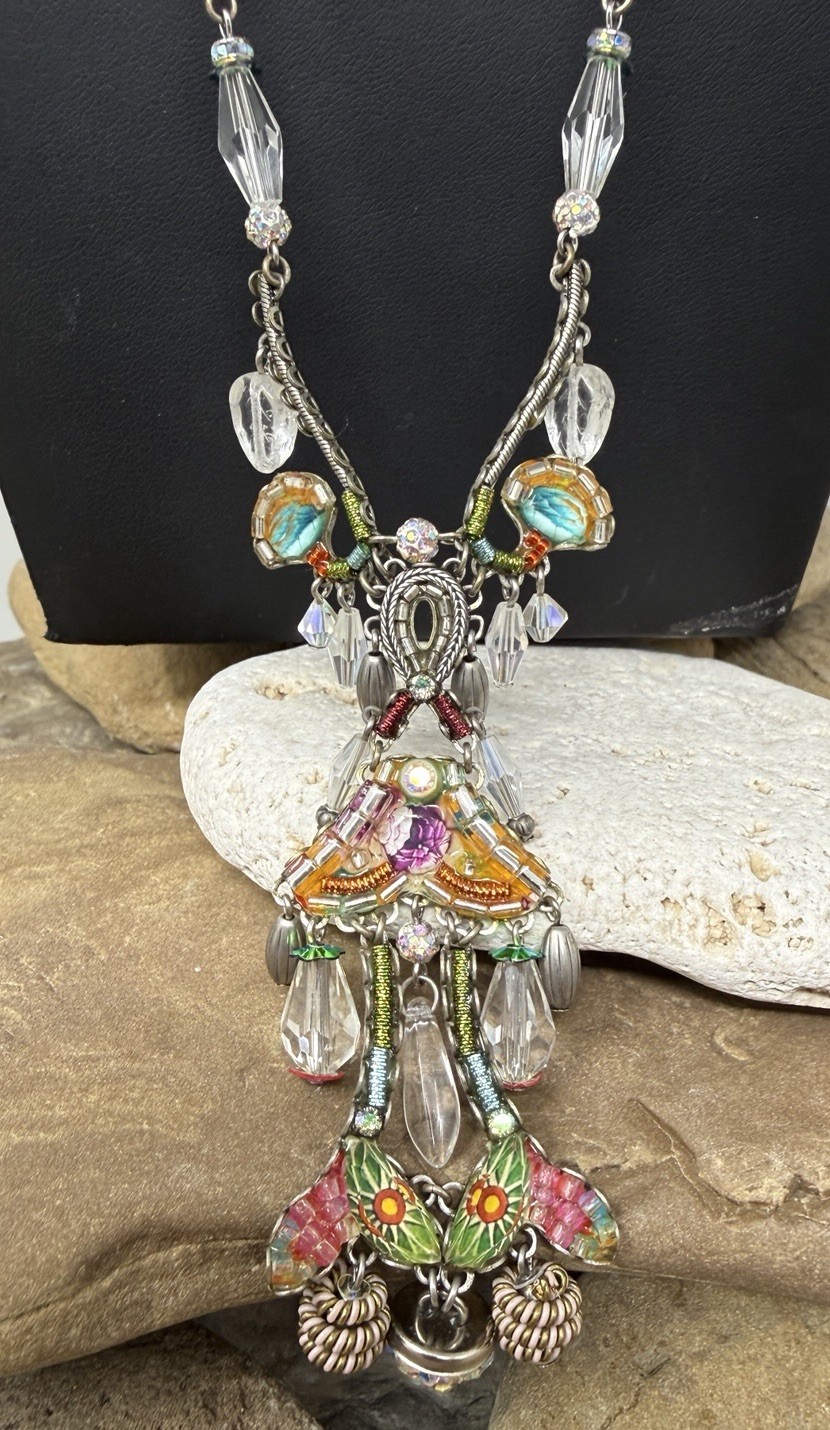 Gorgeous VTG Israeli Ayala Bar Artisan Boho Ornate Glass Beaded Dangly Necklace