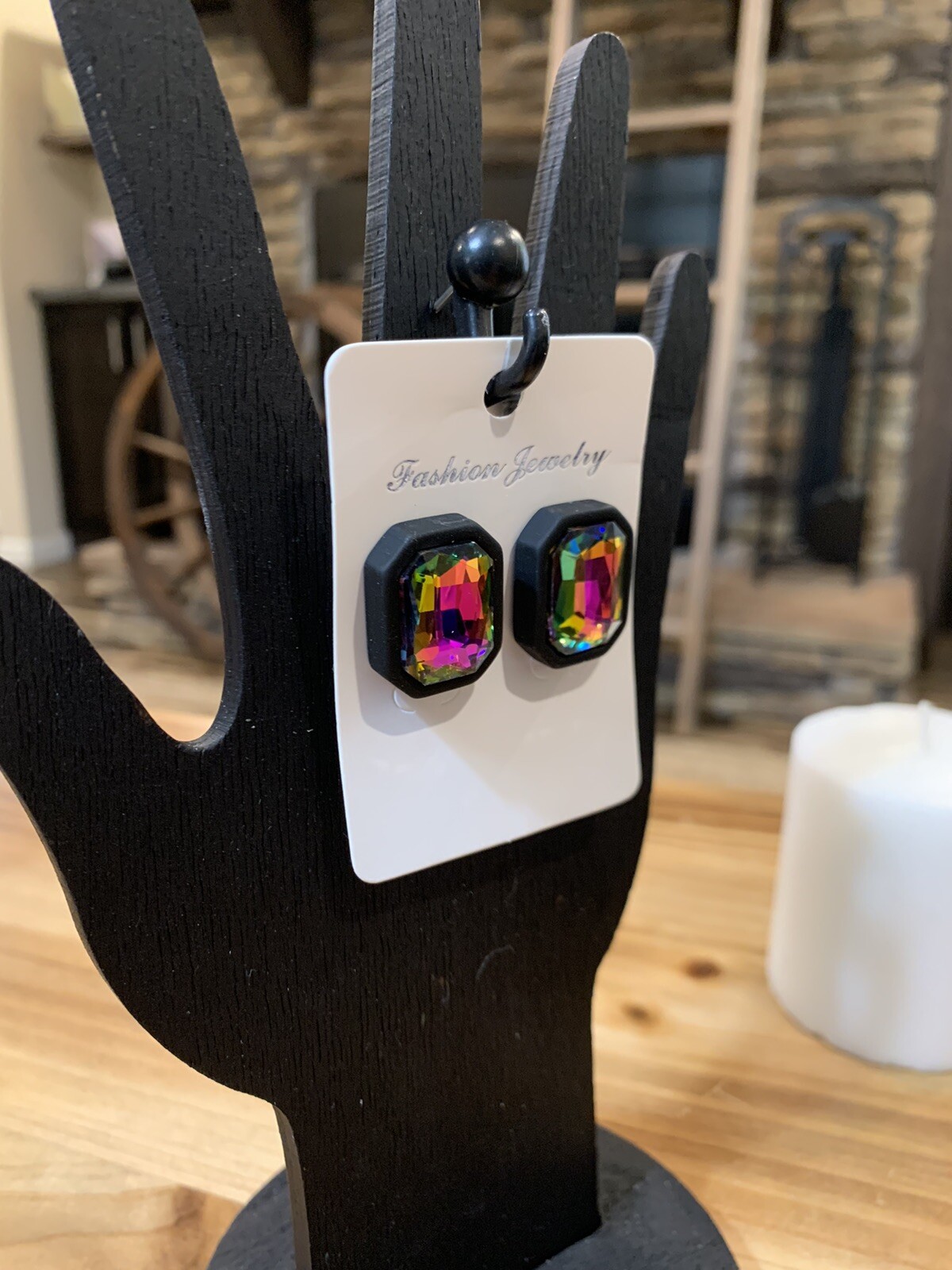 Beautiful Black Multi Color Glass Stone Earrings