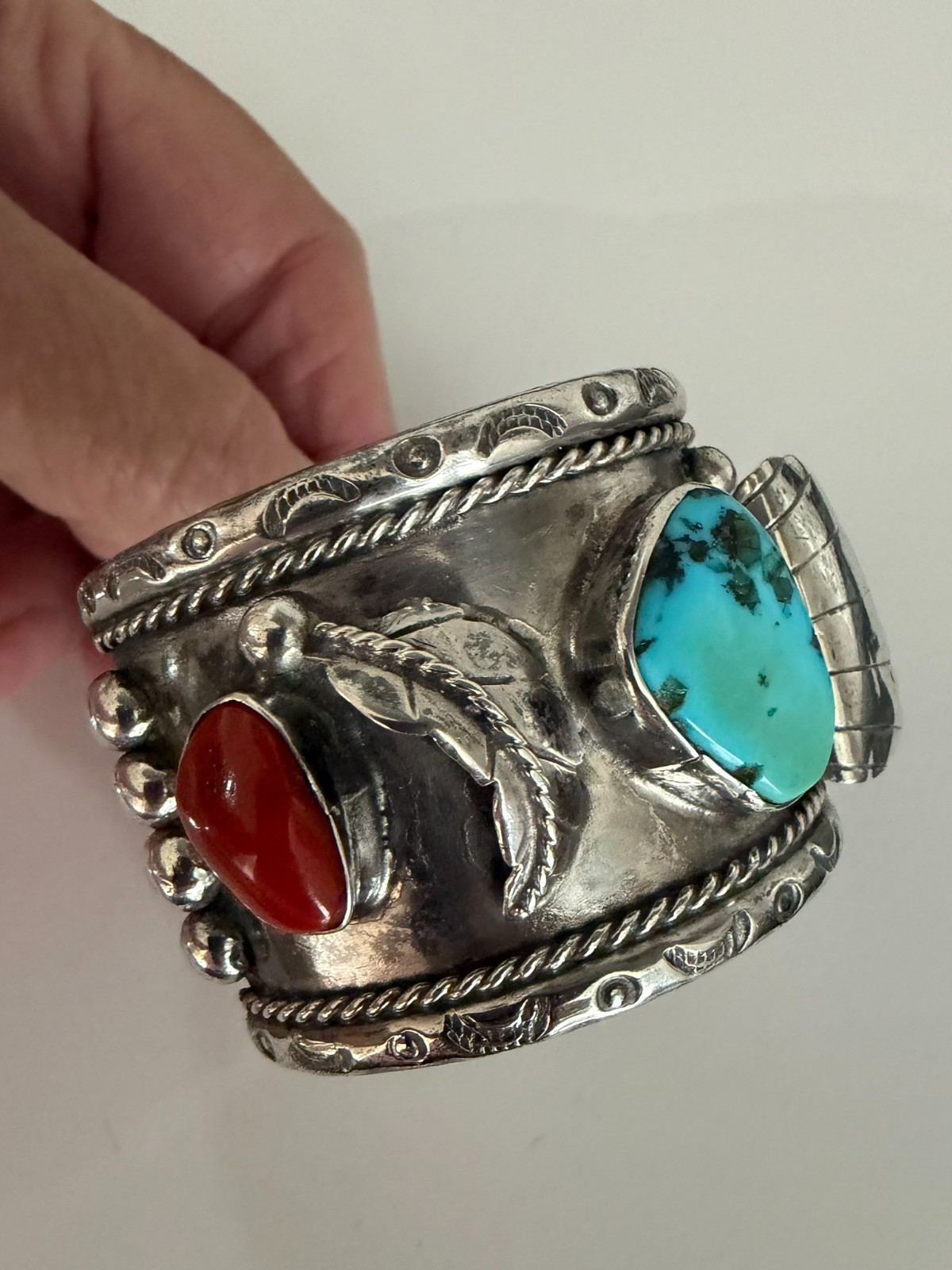 Vintage Navajo Sterling Watch Cuff Bracelet 114g Turquoise Coral 1940’s Men’s 6”