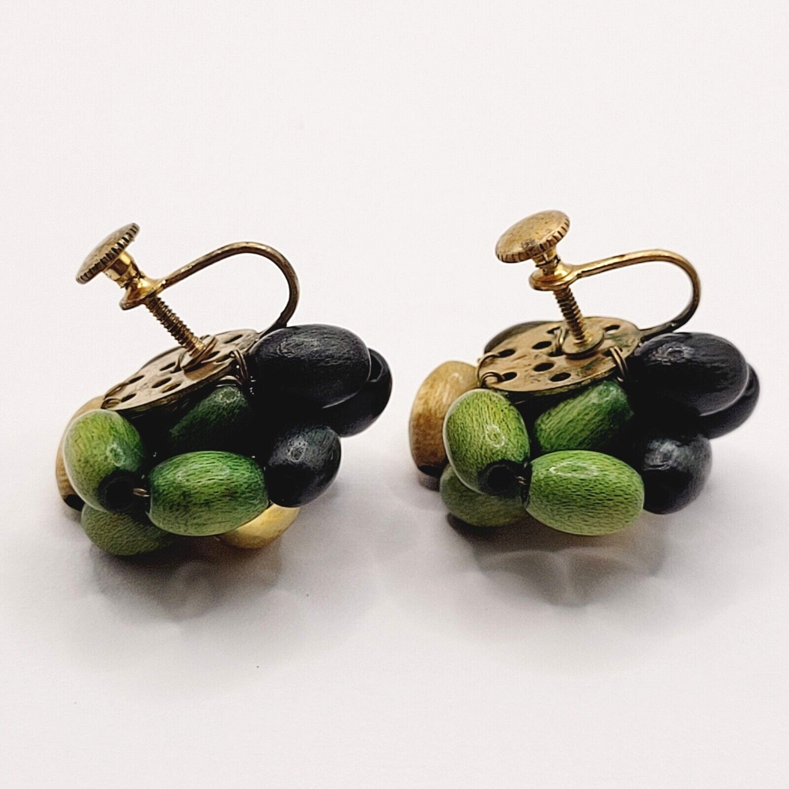 Hand Beaded Wood Bead Olive Black Tan Oval Cluster MCM 1950s Screw Back Earrings