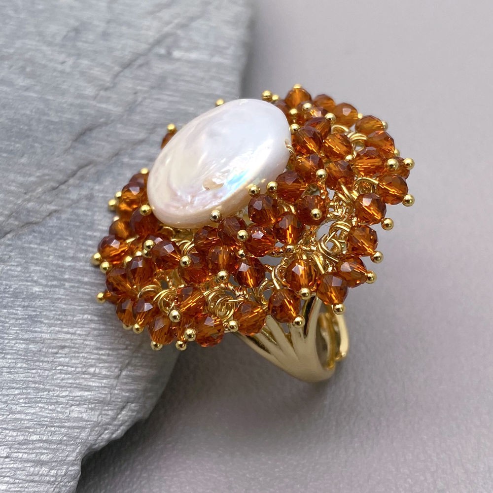 Cultured White Coin Pearl Brown Crystal Gold Plated Party Adjustable Ring