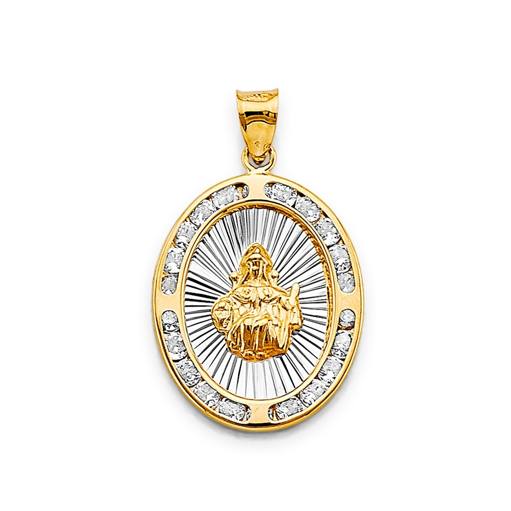 14K Two Tone Gold zirconia Oval Santo Nino De Atocha Pendant | 28mm x 17mm