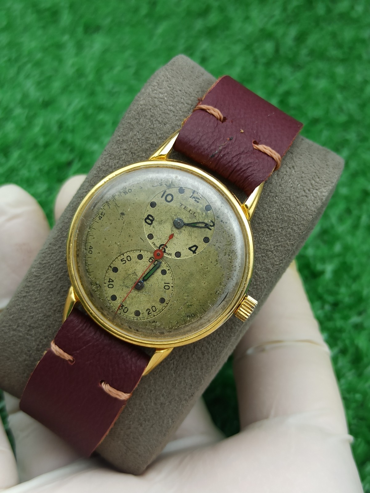 Vintage TELL Swiss Doctors Watch Duo Dial Manual Wind 1940s Gold Plated RUNNING
