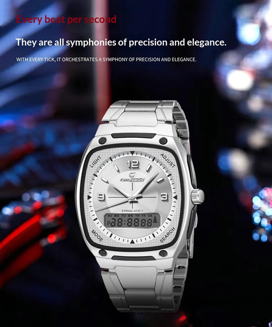 Men’s Alloy Square Watch Dual Display Quartz + Electronic Multi Functions 3Atm
