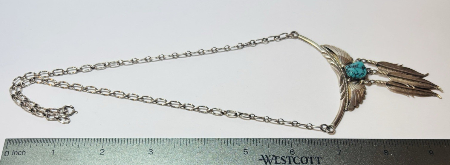 Navajo Signed Kary Begay Sterling Silver Turquoise Feather Necklace 20.5 in -.79