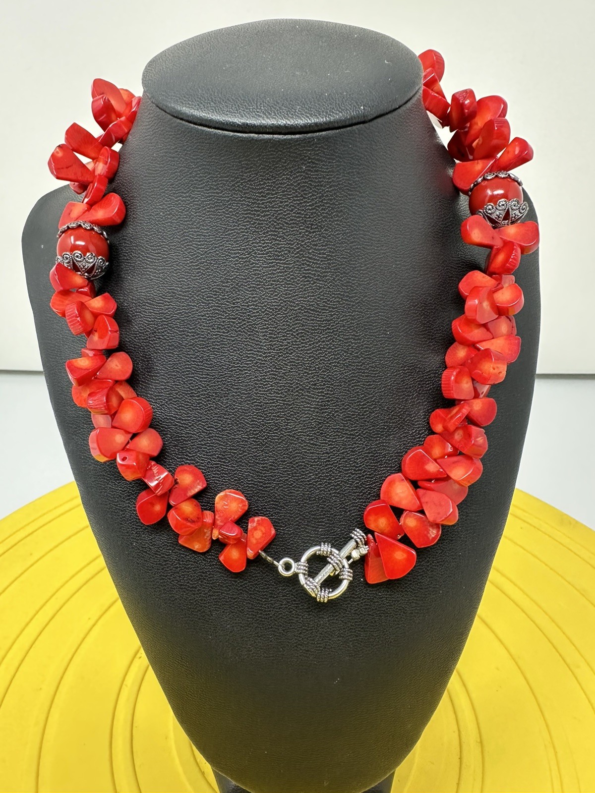 Sterling Silver Cross On A Red Coral Bead Necklace 114 Grams 17 Inch