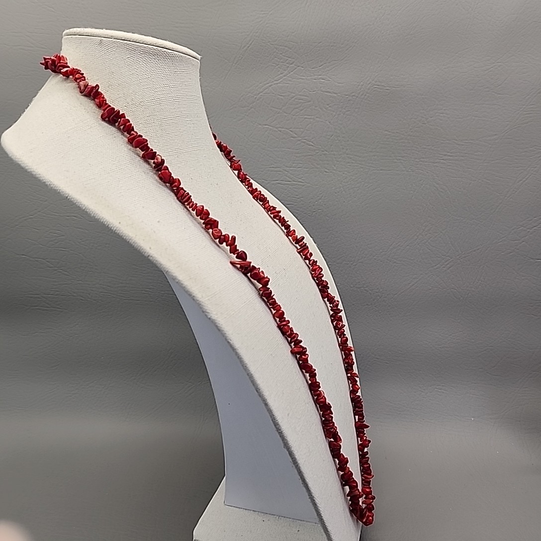 Necklace Red Dyed Coral Chip Beaded Polished Beach Sea Life 38″
