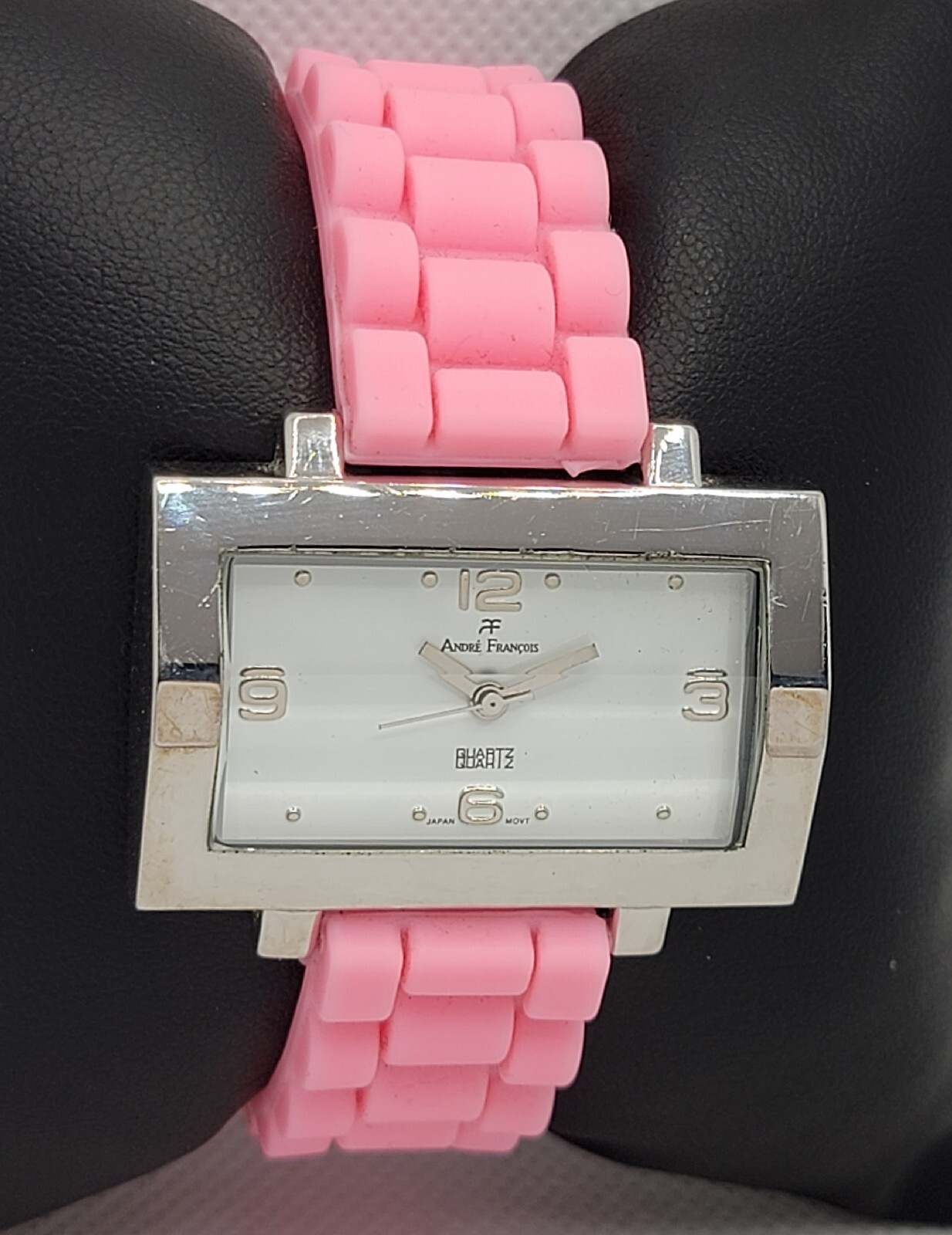 Ladies Andre Francois Rectangle Silver Tone Pink Rubber Band Analog Watch I5