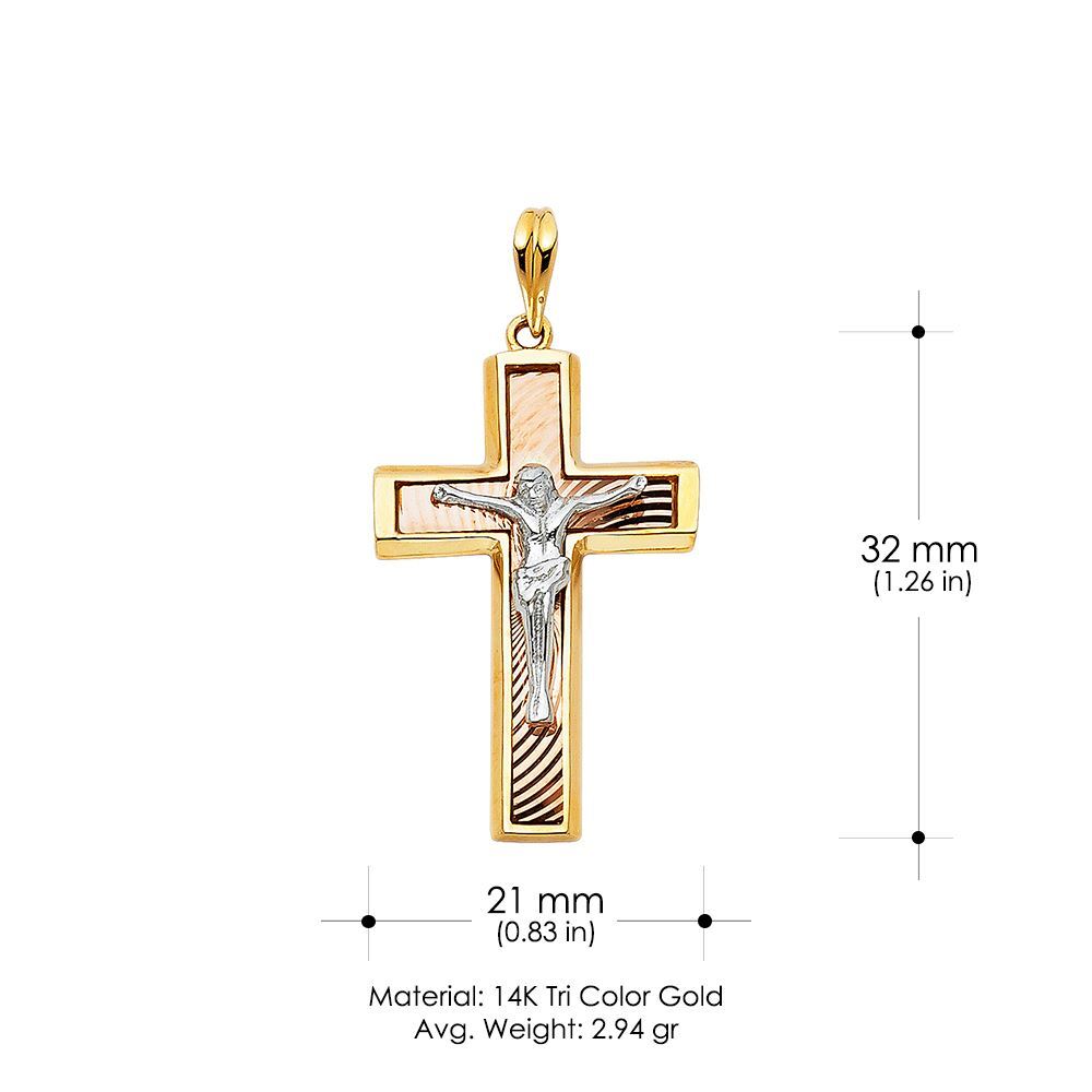 14K Tri Color Gold Crucifix Pendant with 1.2mm Singapore Chain Necklace