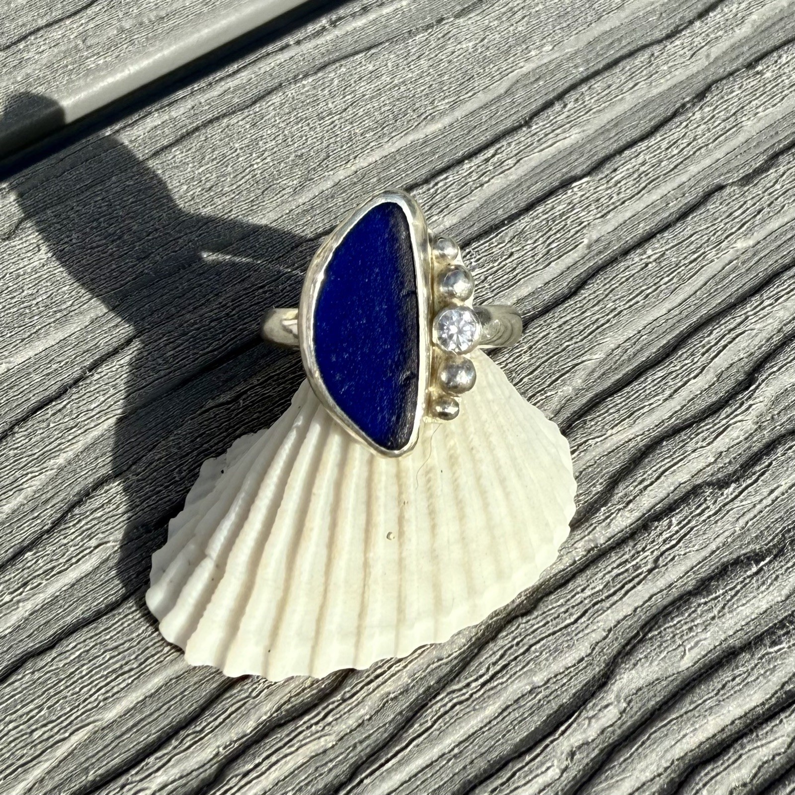 Cobalt Blue Genuine Caribbean Sea Glass Sterling Silver Ring With CZ Gem. Size 9