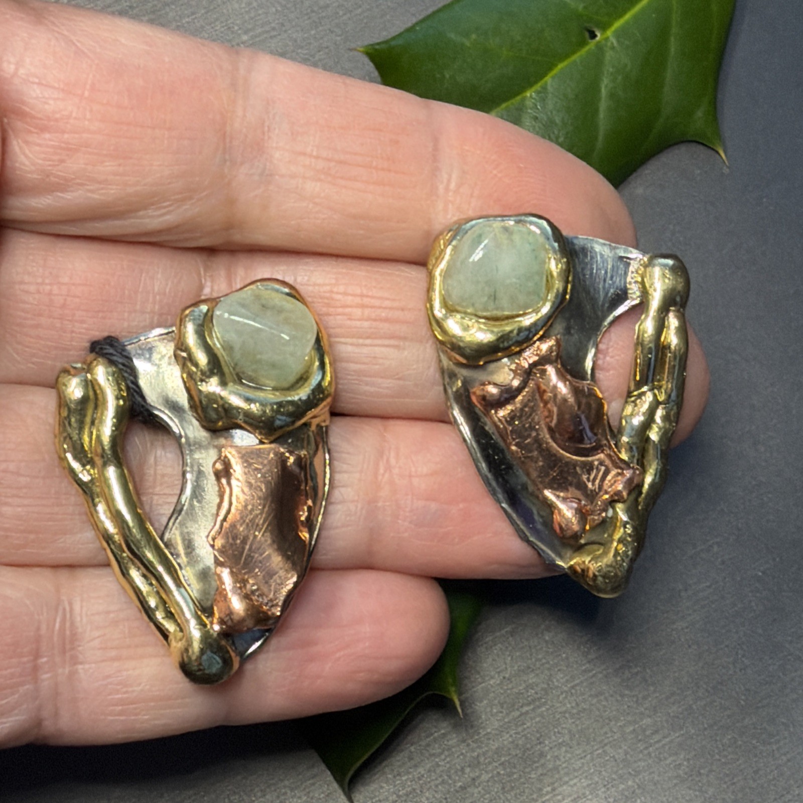 Vintage Modernist Earrings Signed George Gabriel Q Green Quartz Artisan Unique