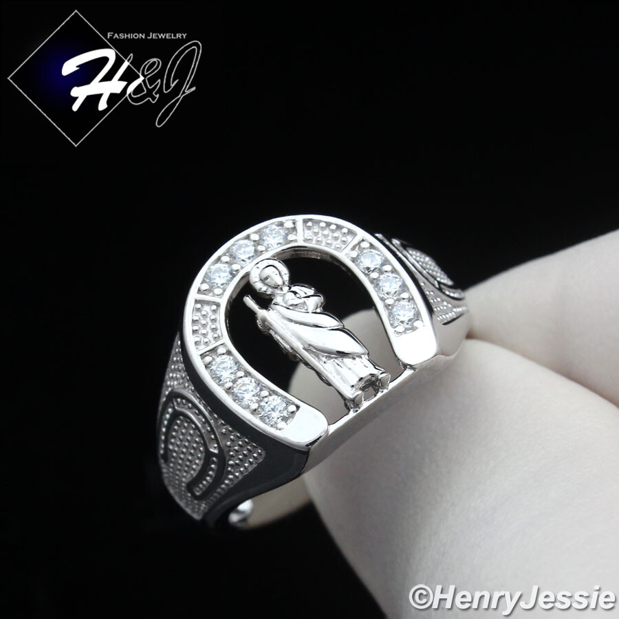 MEN SOLID 925 STERLING SILVER ICY BLING CZ SAN JUDAS U-SHAPED RING*SR195