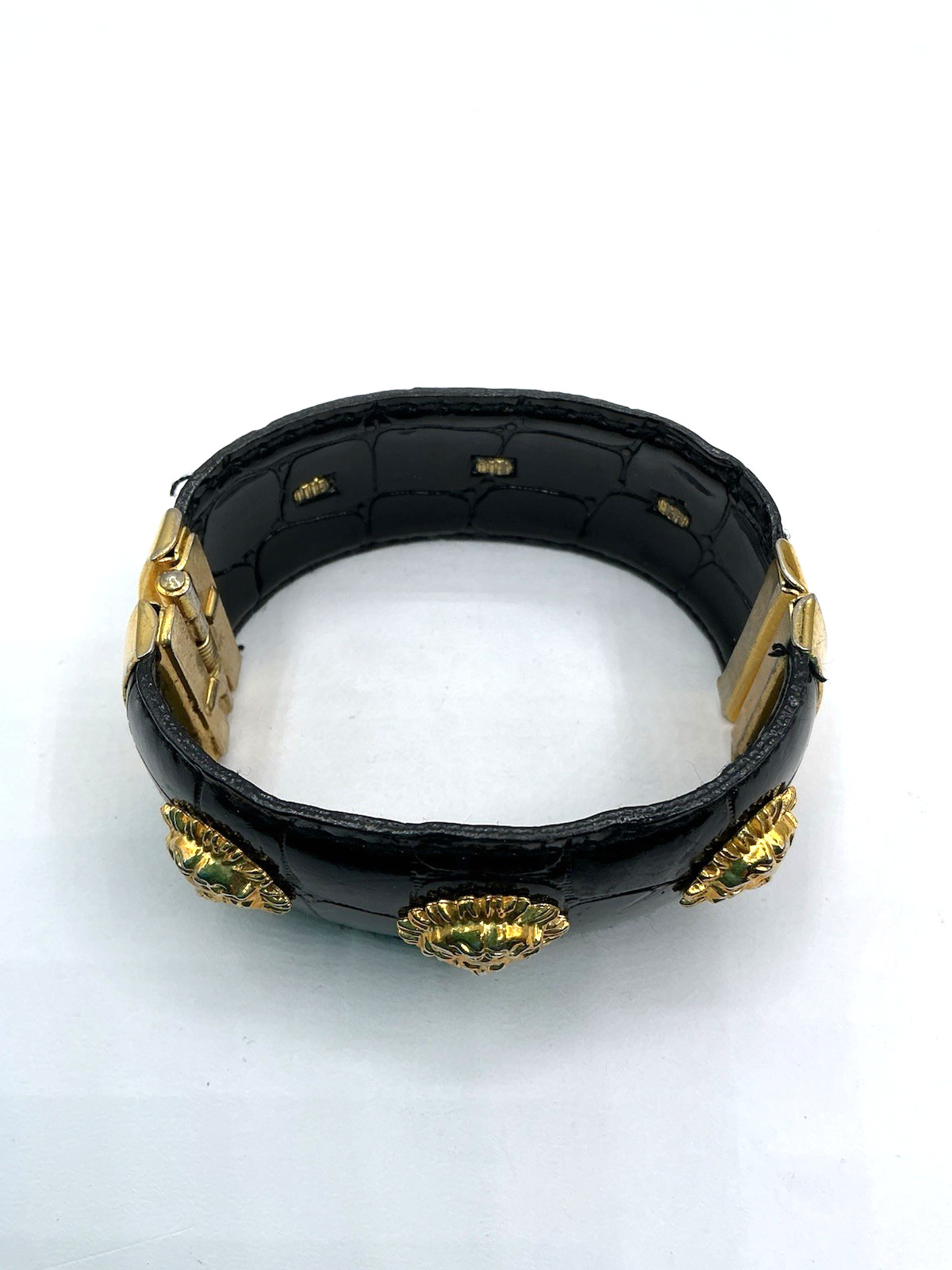 Vintage Black Patent Leather Gold Tone Medusa Accents Hinged Clamper Bracelet