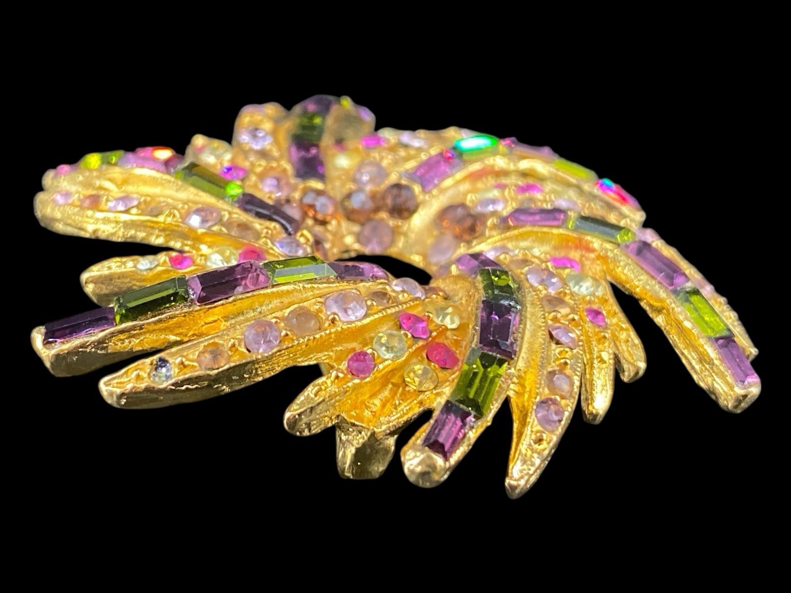 Vintage PELL Colorful Round Baguette Rhinestone Crystal Swirl Wreath Brooch