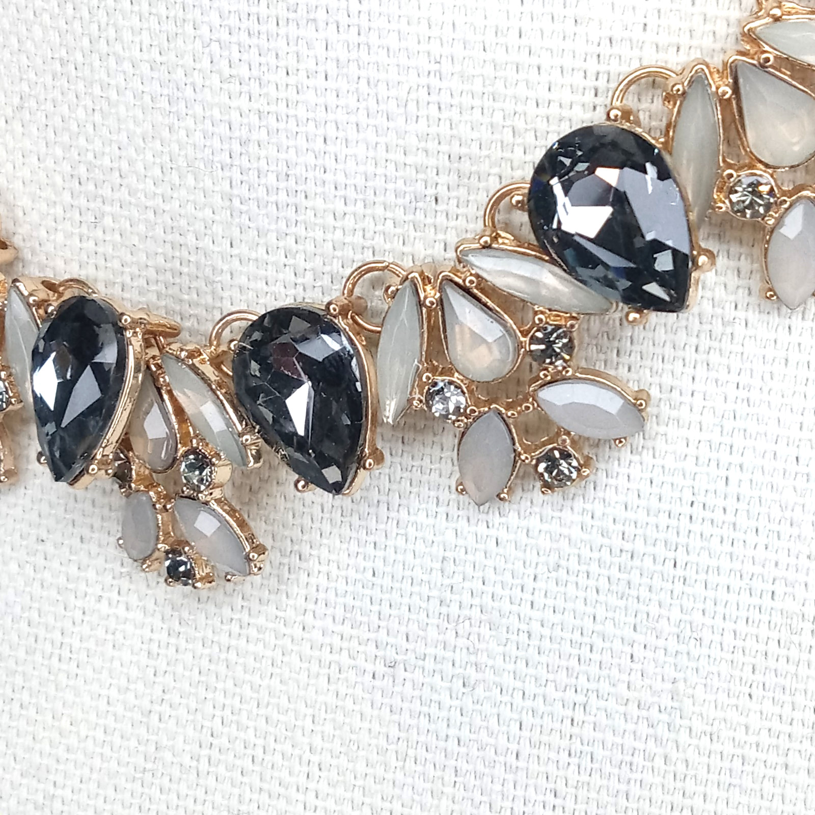 Statement Necklace Gold Tone Smoky Black& Clear Rhinetones Vintage-Inspired Glam