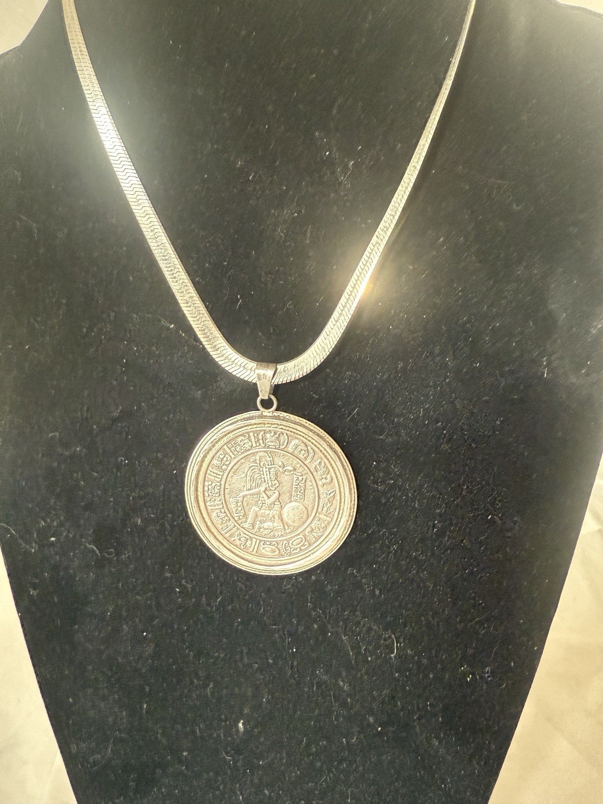 STERLING SILVER MYAN CALENDAR PENDANT 45 Grams Herringbone Chain