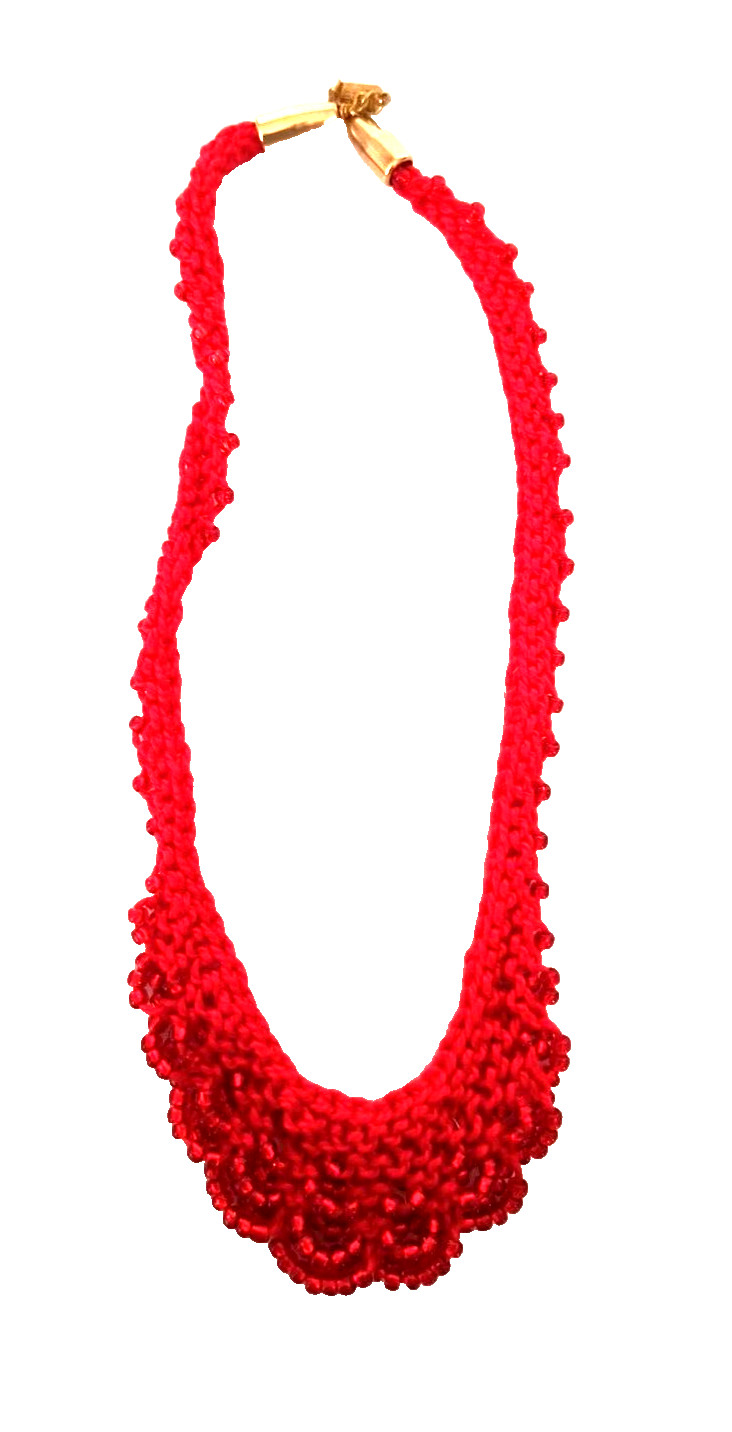 Boho Women’s Choker Style Necklace Red Crocheted Seed Beads Barrel Clasp