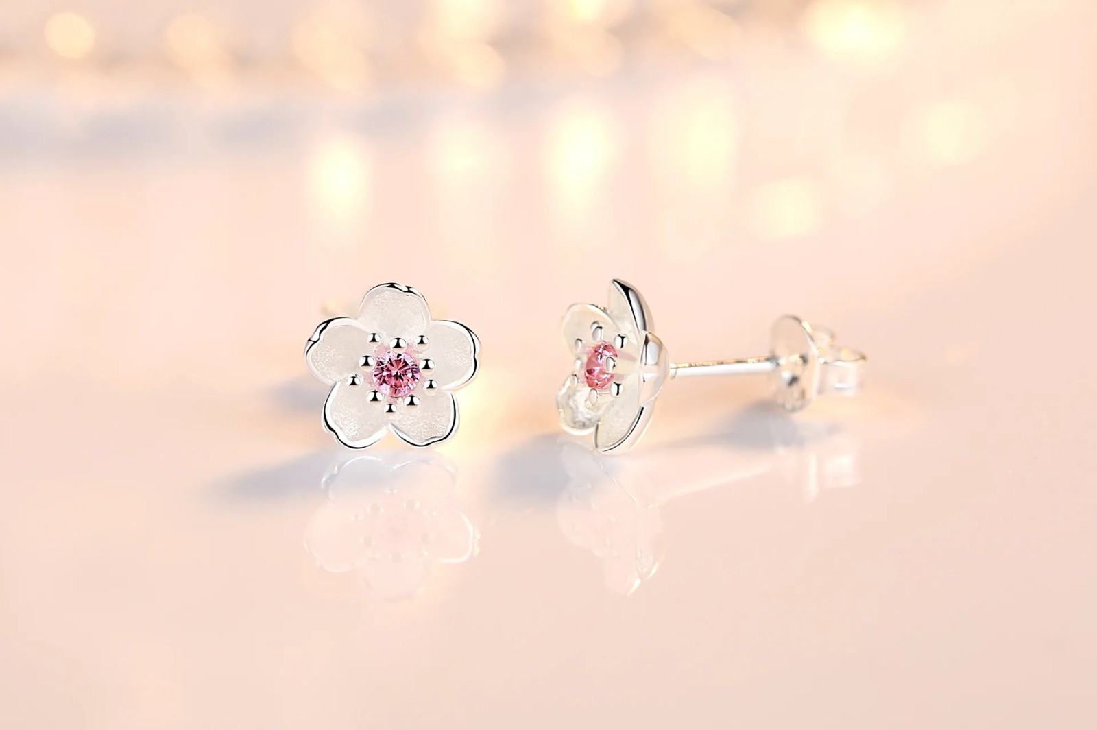 925 Sterling Silver Pink Purple Zircon Flower Stud Earrings Women Elegant