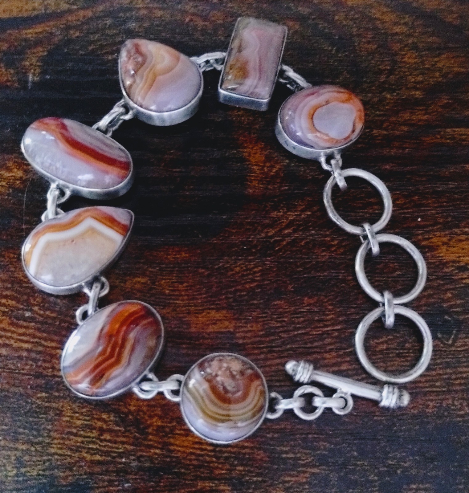 Natural SJ Red Banded Agate Stone Sterling Silver Sajen Toggle Bracelet 7-9in