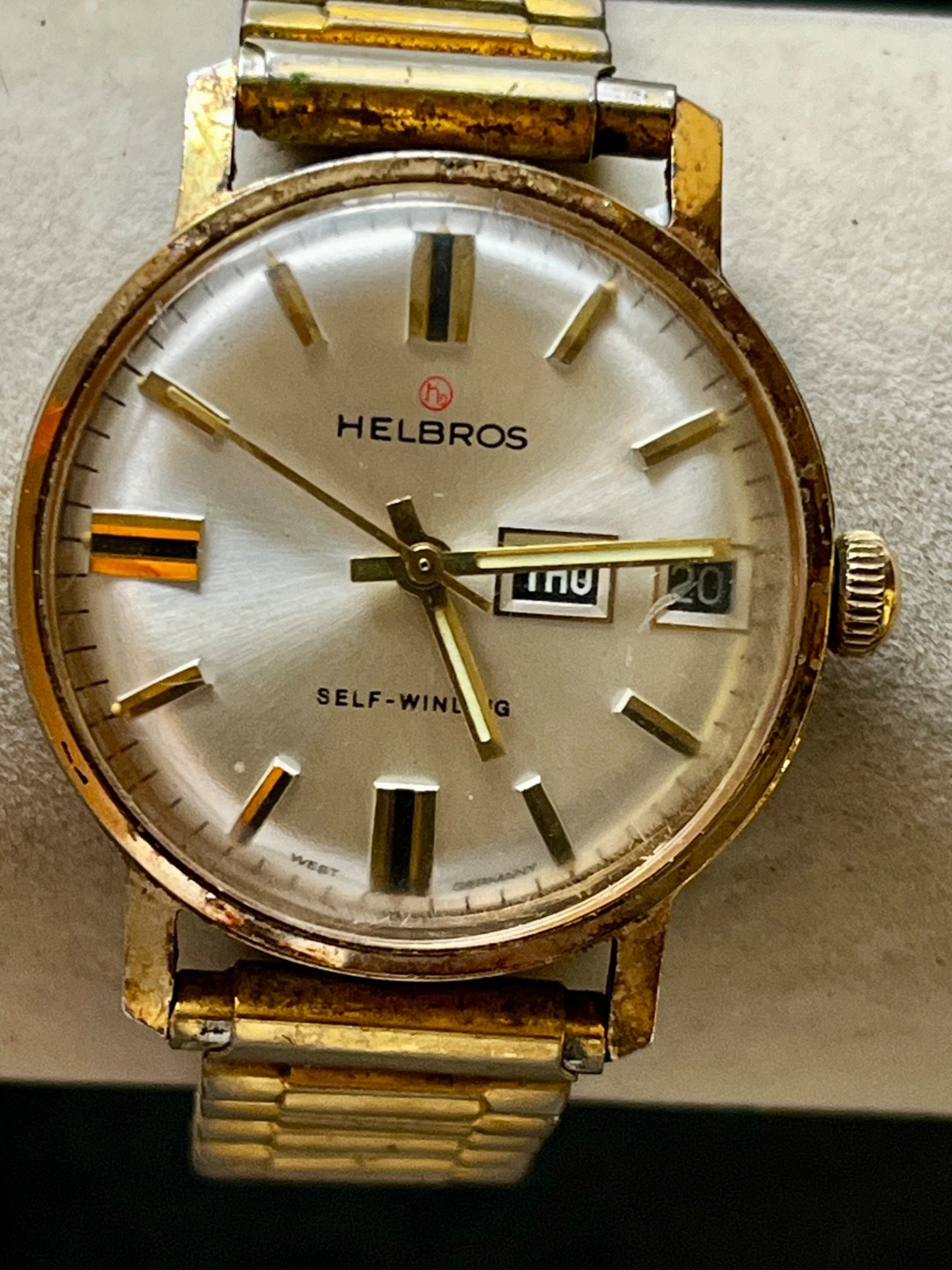 VINTAGE HELBROS WATCH AUTOMATIC DAY DATE SUNBURST GOLD PLATED MEN’S WEST GERMANY