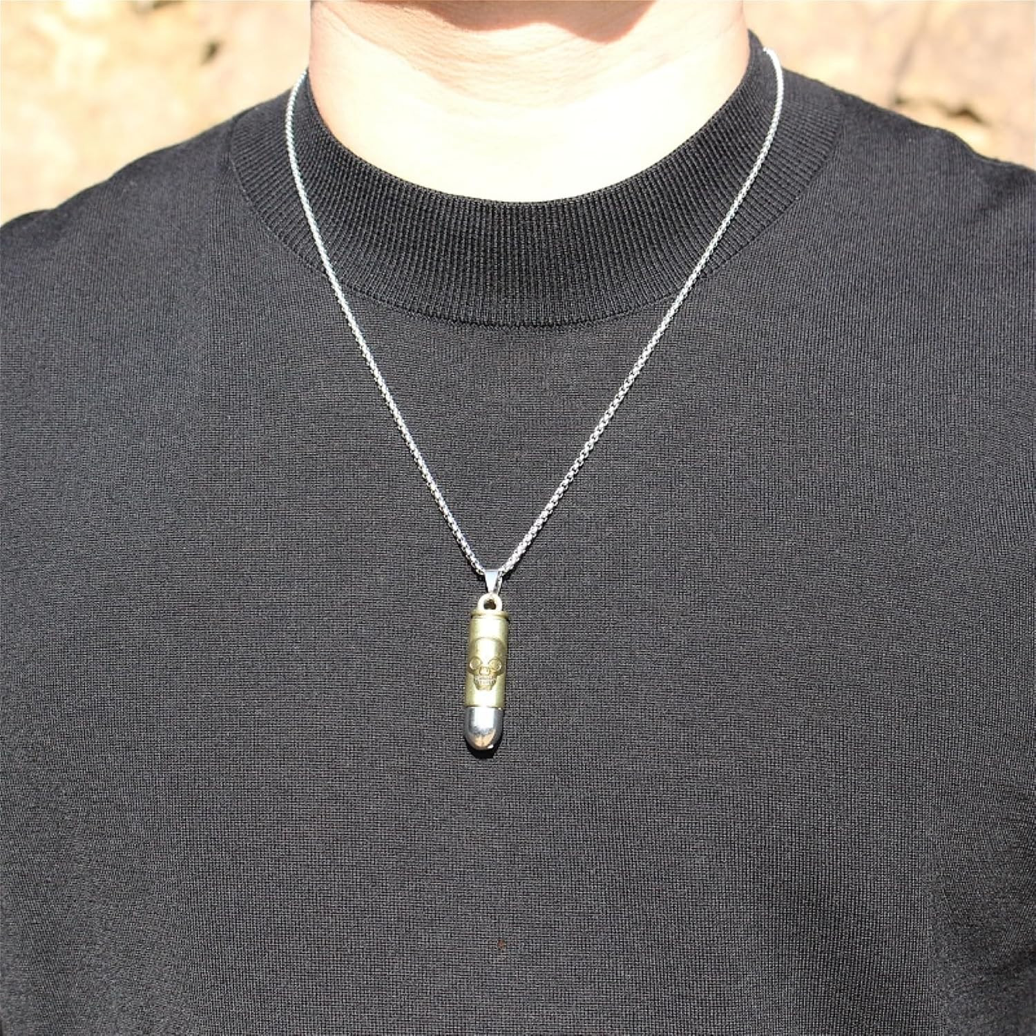 Men’S Alloy Pendant Vintage Imitation Bullet Necklace, Stainless Steel Chain 24