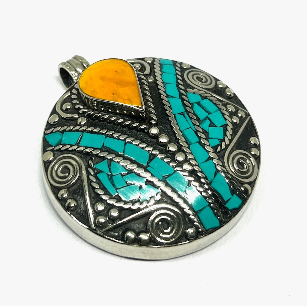 Amber Turquoise Gemstone Tibetan Style Traditional Pendant Jewelry, 2.0 inc
