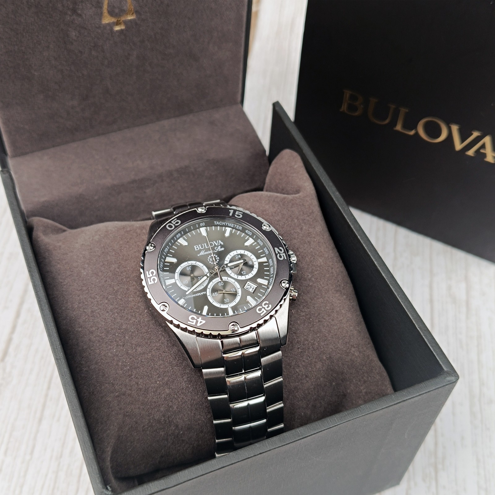 Bulova Men Marine Star 98B401 Black/Grey Chronograph Quartz Watch 41.5mm
